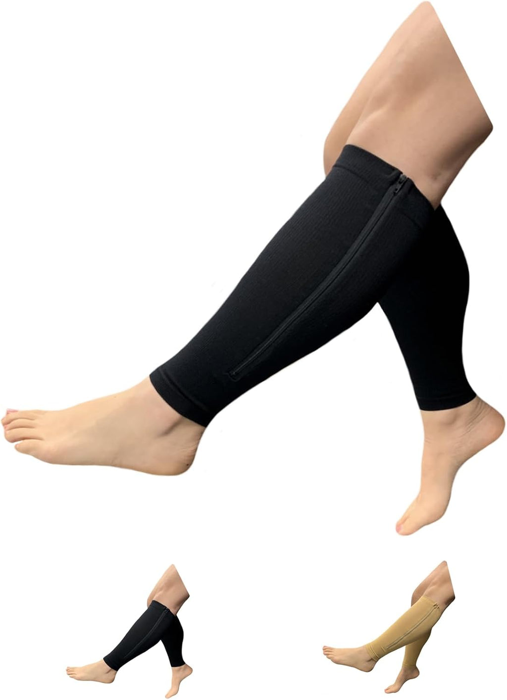 HealthyNees Seniors Care Footless 15-20 mmHg Compression Shin Calf Leg Men Women 1 Pair Zipper Sleeves (Black, Small-Medium)