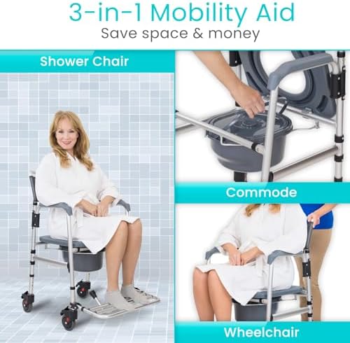 Vive Commode Shower Chair with Wheels - 3-in-1 Bathroom & Bedside Wheelchair for Seniors, Adults, Elderly, Disabled, Handicap - Rolling Toilet Transfer Seat w/Arms, Footrest, & Removable Bucket