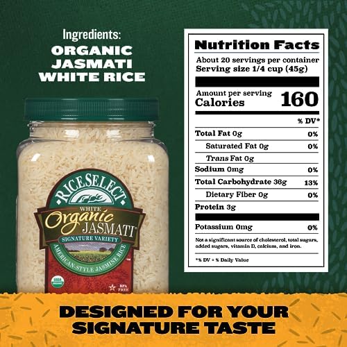 RiceSelect Organic Jasmati White Rice for Asian-Food-Inspired Recipes, Premium Non-GMO Gluten-Free Long-Grain Jasmine Rice, 32-Ounce Jar