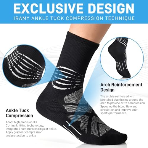 IRAMY Compression Ankle Support Crew Socks Men Women Coolmax Wicking Plantar Fasciitis Relief Running Hiking Socks 3 Pairs