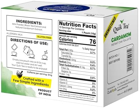 QuikTea Cardamom Unsweetened Chai Tea Latte – 10 Count, Bold Cardamom Flavor, Naturally Caffeine-Light, no preservatives, No Sugar Added – Just Add Hot Water