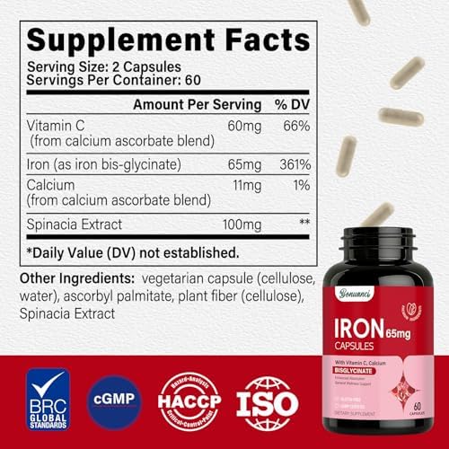 Iron Supplement - Iron 65mg High Absorption Iron Bisglycinate with Vitamin C, Calcium, Gentle Iron Pills for Women Men - Non GMO & Gluten Free, Stomach Friendly, 60 Capsules