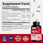 Iron Supplement - Iron 65mg High Absorption Iron Bisglycinate with Vitamin C, Calcium, Gentle Iron Pills for Women Men - Non GMO & Gluten Free, Stomach Friendly, 60 Capsules