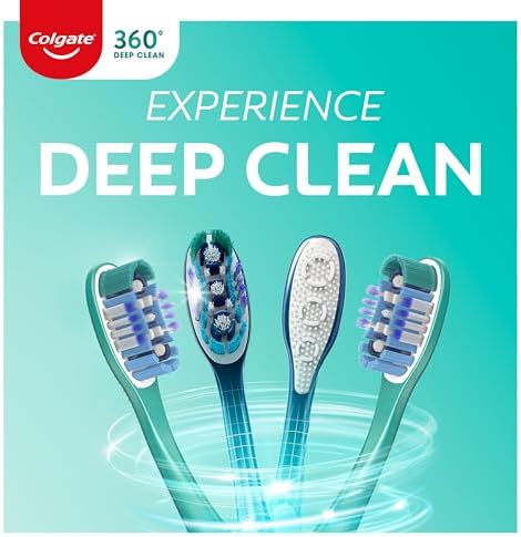 Colgate 360 Whole Mouth Toothbrush, Adult Toothbrushes Medium Bristles, Helps Remove Bad Breath Bacteria and Plaque, Medium Toothbrush Pack, Includes Cheek and Tongue Cleaner, 4 Pack