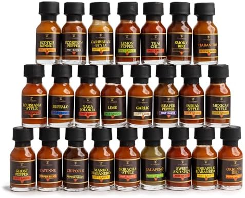 Tilz, Hot Sauce Gift Sets |24 Hot Sauce Bottles, Sampler, Chilli Sauce, Food Gifts For Men |Sriracha, Jalapenos, Garlic, Cayenne Pepper, ⁠Scotch Bonne, ⁠BBQ, Chipotle | Gifts for Men, Women
