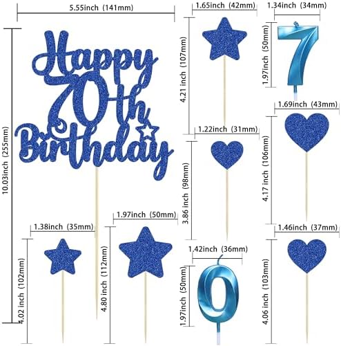 Gyufise 15Pcs Happy 70th Birthday Cake Topper Set with Heart Star Glitter Cheers to 70 Years Cake Picks Number 70 Candles Cake Decorations for Happy 70th Birthday Anniversary Party Supplies Blue