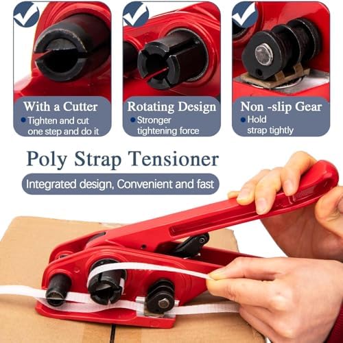 Poly Cord Strapping Tensioner, Manual Banding Strapping Tensioner Tool, Heavy Duty Poly Strap Tensioner and Cutter for 1/2" - 3/4" Width Polyester Polyproplyn Strap