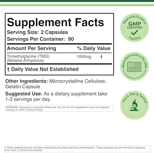 TMG Trimethylglycine Supplement - 99%+ Tested Purity - 1,000mg Per Serving, 180 Capsules (TMG Supplements for Homocysteine Control) Genuine TMG with Fishy Smell, Gluten Free, Non-GMO