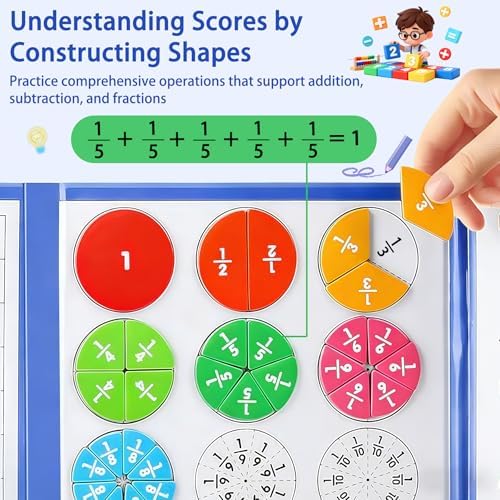 Magnetic Fraction Playbook with Tiles & Circles, Whiteboard Ready Fraction Manipulatives Kit, Montessori Math Tools for Kids Ages 6-10, Classroom & Homeschool Supplies with Wipe Clean Activity Cards