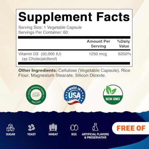 Vitamatic Vitamin D3 50,000 IU (as Cholecalciferol), Once Weekly Dose, 1250 mcg, 60 Veggie Capsules 1 Year Supply, Progressive Formula Helping Vitamin D Deficiencies (60 Count (Pack of 1))