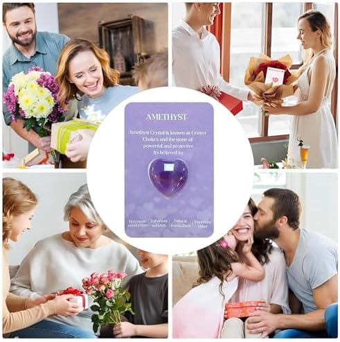 Amethyst Hearts Crystals and Yoga Gems, Quartz Crystals Hearts Set Rose Quartz Heart-Shaped Crystal Polished Gemstones for Decoration, Meditation, and Meaningful Gifts for Women