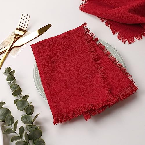 Red Cloth Napkins Set of 6, 100% Cotton Napkins with Fringe, 18 x 18 Inches Handmade Soft Red Dinner Cloth Napkins Washable for Thanksgiving/Christmas/Weddings/Parties Dinner Table Decor