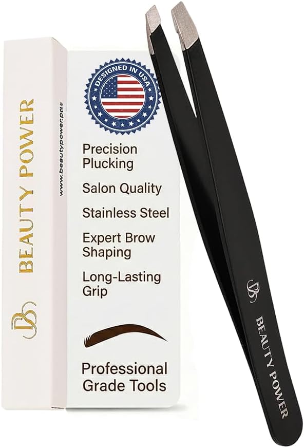 Beauty Power Professional Precision Slant Tweezers for Women Facial Hair - Tweezers for Men & Women, Eyebrow Tweezer for Ingrown Hair Blackhead & Splinter Removal - Gift Idea - Black
