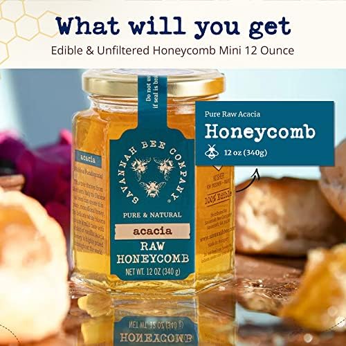 Savannah Bee Company Pure Raw Acacia Honeycomb - All Natural, Unfiltered Honeycomb (12 Ounce Hexjar)