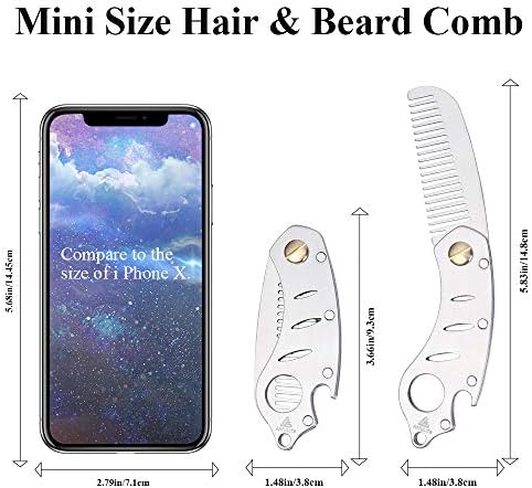 AhfuLife Stainless Steel Metal Hair & Beard Comb, Multifunctional Folding EDC Pocket Comb With Bottle Opener Fits In Keychain - Anti-Static Hair & Beard Care Comb Mustache Comb - Presented in Gift Box