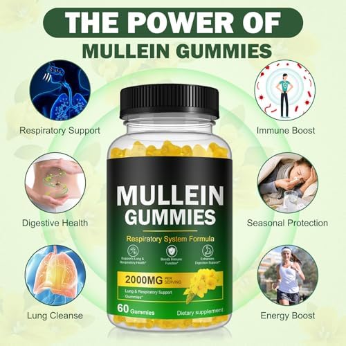 Mullein Gummies for Lungs, Mullein Extract for Smokers - Support Lung & Respiratory Health, Soothes Throat Irritation, Boost Immune - Mullein Leaf Extract for Lungs, Breathe Easier - 60pcs