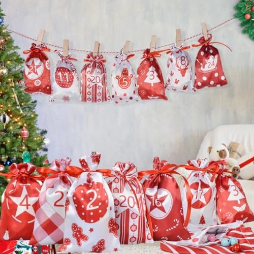 Christmas Bags, 24 Days Hanging Countdown Calendar Bags, 24 Pieces Christmas Drawstring Gift Bags, Reusable Fabric Gift Bags for Filling for DIY Decorations (Red)
