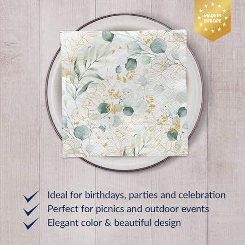 PAW - Luncheon Floral Napkins 6,5'' x 6,5'', Disposable Paper Napkins with Eucalyptus, Lunch Napkins for Wedding, Bridal Party, Birthday, Decoupage, Tableware Party Supplies, 50 Count
