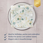 PAW - Luncheon Floral Napkins 6,5'' x 6,5'', Disposable Paper Napkins with Eucalyptus, Lunch Napkins for Wedding, Bridal Party, Birthday, Decoupage, Tableware Party Supplies, 50 Count