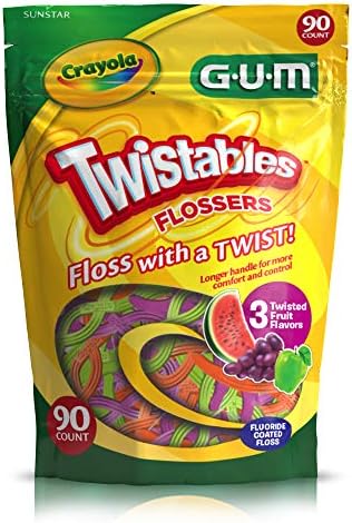 GUM Crayola Twistables Kids Flossers with Fluoride - Designed for Little Hands - Three Fun Fruit Flavors - Easy to Use Kids Floss Picks for Children Ages 3+, 90 Count (Pack of 4)
