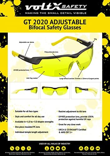 voltX GT ADJUSTABLE Bifocal Reading Safety Glasses (YELLOW Lens +2.0), ANSI Z87.1+ & CE EN166FT, Anti fog coated, UV400 Lens, Tilt & length adjustable earstems, clip on safety cord