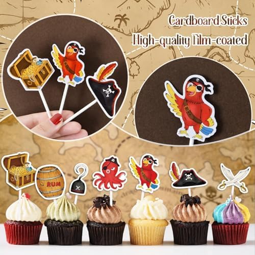 WERNNSAI 49 PCS Pirate Cupcake Toppers - Pirate Birthday Party Decorations Pirate Parrot Cake Toppers Pirate Day Party Favors Supplies Pirate Ship Cake Topper Pirate Theme Cake Decors