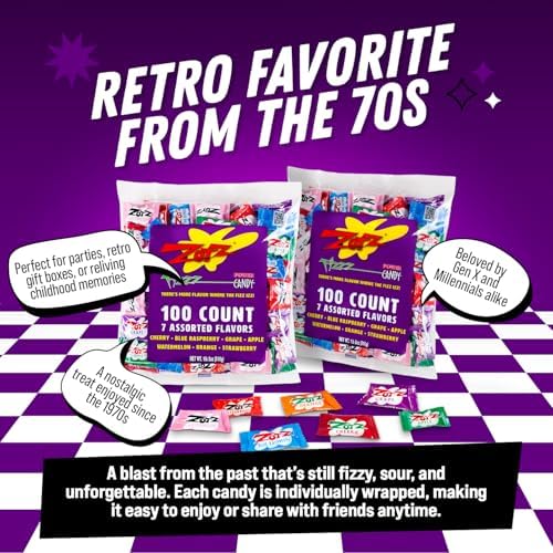 Zotz Fizzy Bulk Candy (Assorted, 100 Units)- Hard Candy Individually Wrapped- Assorted 7 Fruit Flavors, Cherry, Watermelon, Strawberry, Blue Raspberry, Apple, Orange & Grape- From Italy Since 1970