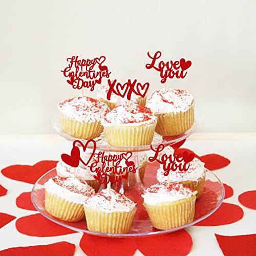 24 Pack Happy Galentine's Day Cupcake Toppers Red Glitter XOXO Sweet Love Heart Love You Valentine Cupcake Food Picks Happy Valentine's Day Theme Birthday Party Cake Decorations Supplies