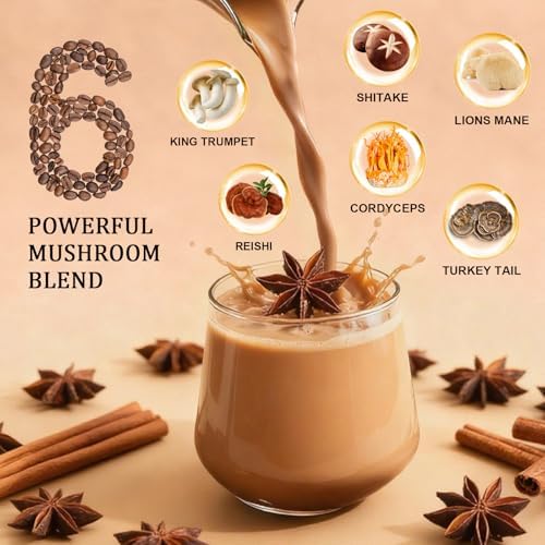 Bunkell Mushroom Chai, Adaptogenic 6 Mushrooms with Lion's Mane, Reishi, Cordyceps, Shiitake, King Trumpet & Turkey Tail, Chai Powder for Energy, Focus, Digestion & Immune Support, 20 Servings 1 Pack