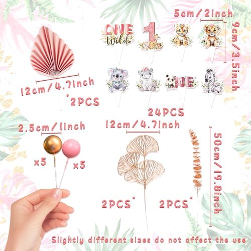 40Pcs Wild One Cake Topper Safari 1st Birthday Decorations Girl Jungle Wild One Cake Decorations Safari Zoo Animal First Birthday Party Cake Toppers Baby Shower