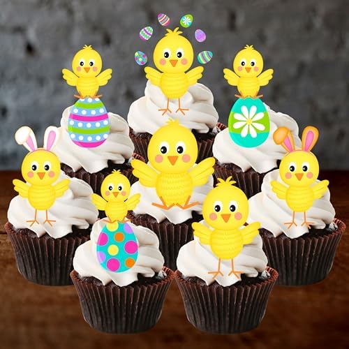 Easter Chicks Edible Cupcake Toppers - Stand Up Wafer Cake Decorations, Yellow Chicks Cake Topper, Easter Party Decorations, Cute Chicken Cookie Decorations 2 Inch / 5cm UNCUT (12)