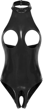 YiZYiF Women's Sleeveless Wet Look Glossy Patent Leather Catsuit Hollowing Out High Cut Bodysuit