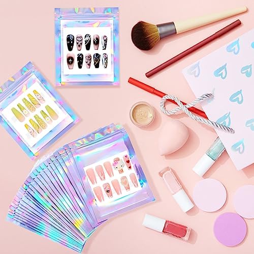 100PCS Press on Nail Packaging Bag and 100PCS White Cardboard Tips Packaging Bags Empty Holographic Storage Bags With 1 Roll Transparent Tape for Press on Business (Laser, Small)