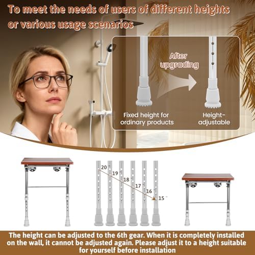 20'' Folding Shower Seat Wall Mounted with Legs, Adjustable Height, 440-pound Sturdy Bathroom Safety Seat, Space-Saving Bathroom Shower Seat, Wooden Shower Seat for The Elderly and The Disabled