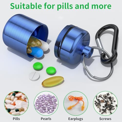 Small Pill Case, (3 Pack) Keychain Pill Holder with Strong Carabiners Portable Waterproof Travel Pill Container Carrier Mini Metal Pill Box Bottle with Keyring for Medicine Ear Plug Jewelry