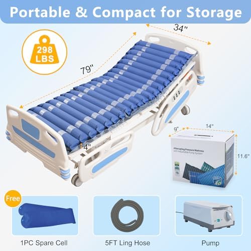 Medical Alternating Air Pressure Mattress Topper for Bedsore Relief with Quiet Pump Movable Door, Durable Twin Pad for Bedridden Patients in Long-Term at Home & Hospital