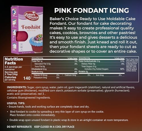Bakers Choice Pink Fondant Icing - 4 oz, Ready to Use Cake Decorating Frosting Easy Roll, Moldable, Kosher, Dairy Free, and Nut Free For Cakes Cupcakes Cookies By Bakers
