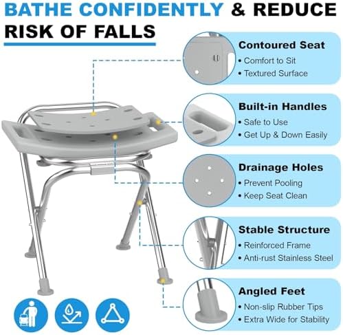 Medhelp Folding Shower Chair for Inside Shower, Stainless Steel Foldable Shower Stool, 400lbs Portable Folding Shower Seat for Travel, Anti-Slip Small Shower Chair for Elderly Disabled Injured, Gray