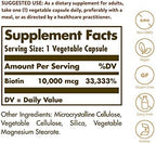 Solgar Biotin 10000 mcg Vegetable Capsules Energy Metabolism Promotes Healthy Skin Nails Hair Super High Potency NonGMO Vegan Gluten Free Dairy Free Kosher Servings, Standard Packaging, Unflavored, 120 Count