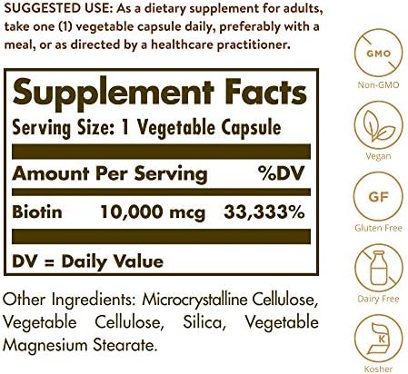 Solgar Biotin 10000 mcg Vegetable Capsules Energy Metabolism Promotes Healthy Skin Nails Hair Super High Potency NonGMO Vegan Gluten Free Dairy Free Kosher Servings, Standard Packaging, Unflavored, 120 Count