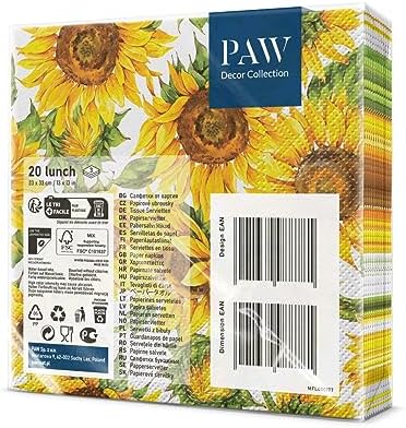 Paw Napkins 3-Ply (33 x 33 cm) I Pack of 20 I Perfect for Birthdays, Parties, Meetings I Autumn Table Decoration I Colourful Paper Napkins - Sunflowers Yellow Petals I Dancing Sunflowers