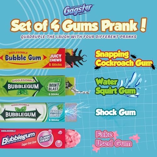 Gagster 4-in-1 Prank Chewing Gum Set – Shocking, Water Squirt, Cockroach Snapping, Fake Chewed Gum, Gag Gifts for Kids Adults, Work Pranks, April Fools, Practical Joke Toys Kit