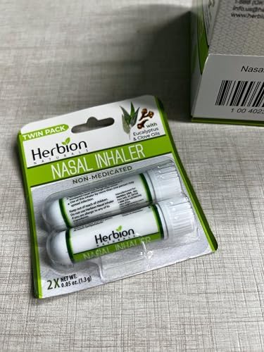 HERBION Naturals Nasal Inhaler, Natural Relief for Nasal Congestion & Sinus Pressure, Non-Medicated Sticks with Essential Oils, Menthol, Eucalyptus, Clove, Soothing Vapor, Easy Breathing, Pack of 2