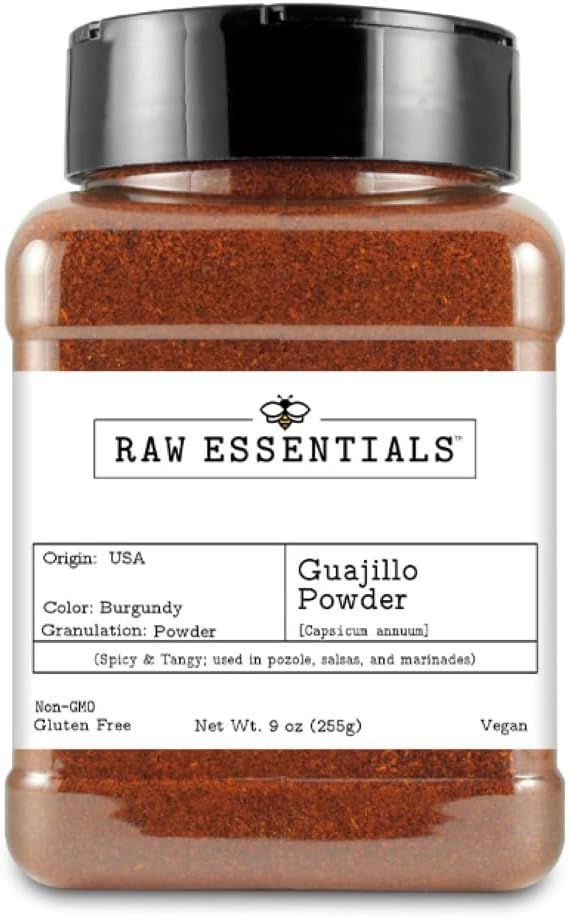 Raw Essentials Guajillo Chile Powder – Mild Heat & Tangy Flavor – Ground Mexican Chili for Pozole, Salsas, Enchiladas & Marinades – Non-GMO, Gluten-Free, Vegan – 9 oz Bottle