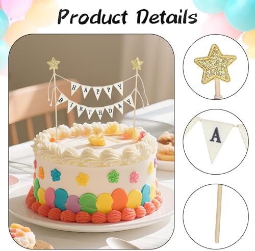 Happy Birthday Flag Banner Cake Topper, Handmade Pennant & Star Garland Birthday Cake Flag Decoration Happy Birth Day Sign & Garland for Party Supplies