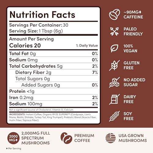 RYZE SUPERFOODS Mushroom Coffee Dark Roast, 6 Adaptogenic Mushrooms & Prebiotic Blend, Instant Coffee Supports Energy, Focus, Digestion & Immunity, Lions Mane & Turkey Tail, 30 Servings.