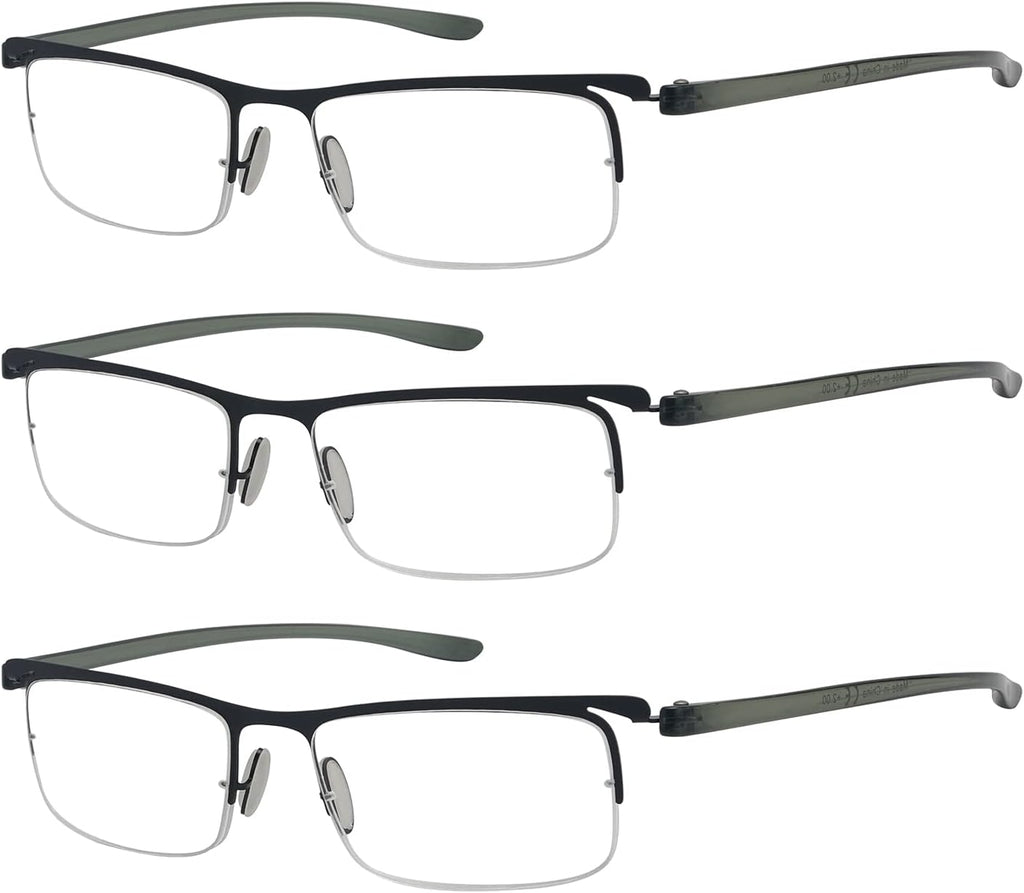 Eyekepper 3 Pairs Half-rim Reading Glasses for Men Metal Readers Black Frame +2.25