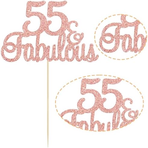 Gyufise 1Pcs 55 & Fabulous Cake Topper Rose Gold Glitter Fifty Five and Fabulous Cake Toppers Happy 55th Birthday Cake Pick for 55th Wedding Anniversary Birthday Party Cake Decorations Supplies