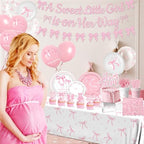 Pink Bow Baby Shower Decorations for Girl,Pink Bow Birthday Party Supplies Include Bow Plate,Napkin,Banner,Cake Topper,Balloons Welcome Baby Girl Decorations for Coquette Bow Party Serves 25