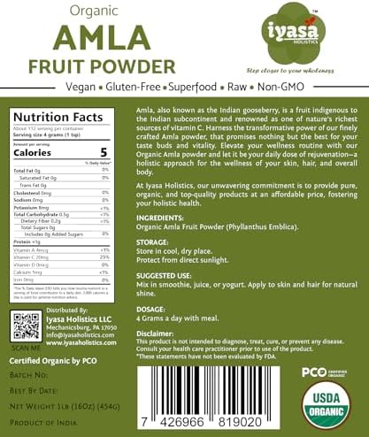 Amla Powder Organic 16 oz - USDA Certified Organic Amla Powder Ayurveda Herb Indian Gooseberry Powder Amalaki Superfood for Skin & Hair - Pure Ayurveda Products by Iyasa Holistics
